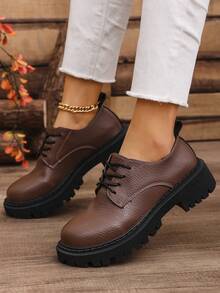 Women's Shoes, Women's Platform Shoes, New Brown Leather Women's Shoes, Casual Chic Platform Loafers, Retro British Style Niche Shoes, Round Toe Lace-Up Women's Shoes, Fashionable Versatile Classic Shoes, Outdoor Casual Women's Shoes - Brown - View 6