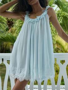 Women's Lace Vintage Victorian Nightgown Ladies Sleeveless Babydoll Sleep Dress Cute Bow Ruffle See Through Mesh Lounge Dress Summer Pajamas - 藍色 - 查看 1