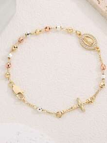 1入經典手工銅珠手鍊，飾有瑪麗聖像，適合作為送給朋友的禮物或日常節日女裝穿戴配飾 - 金黃色 - 查看 18