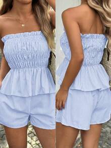 Vaiaye 女士夏季夏威夷波西米亚风热带海滩度假两件套——单肩条纹荷叶边简约日常抹胸上衣和短裤，完美适用于约会、下午茶、假期、音乐节和情人节。 - 藍色 - 查看 11