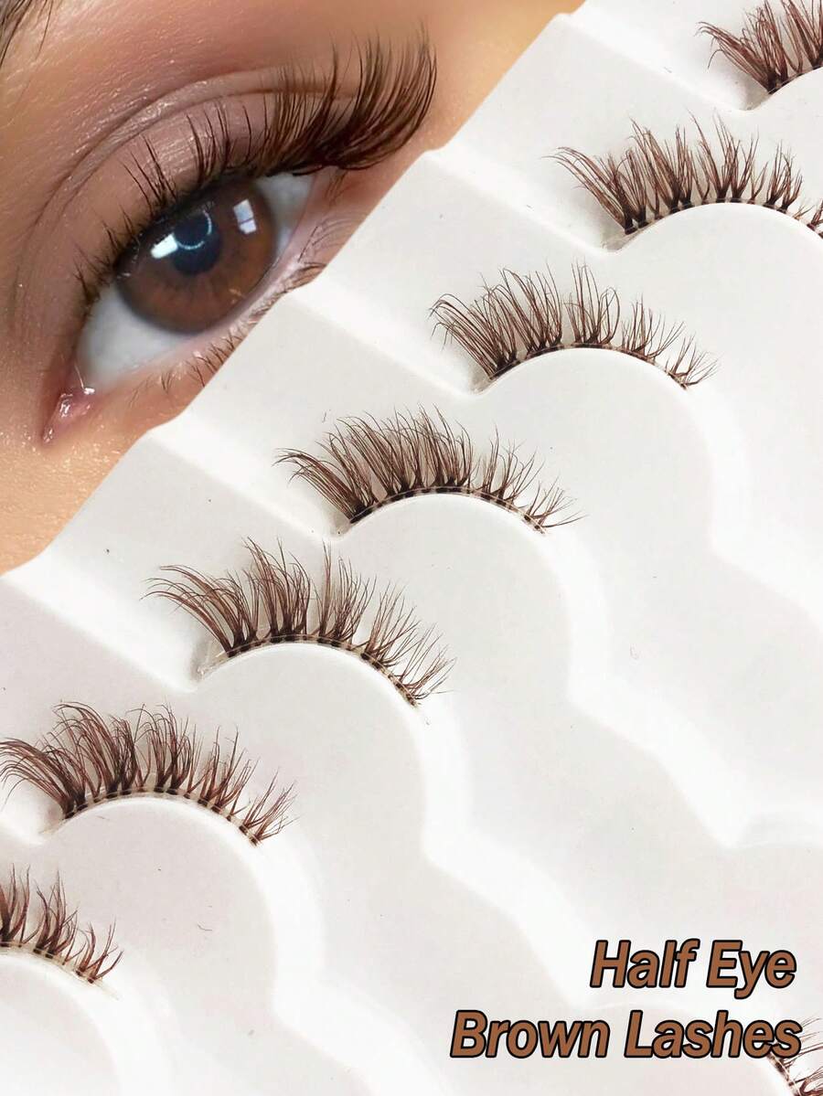 Asiteo 7对棕色半条假睫毛，透明带，轻盈飘逸，猫眼效果，自然蓬松，仿貂毛，卡通风格，适合角色扮演、派对、日常妆容等。 - 棕色 - 查看 1