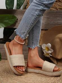 Casual Hemp Rope Woven Thick Sole Slip-On Women Sandals, Slouchy Slip-On Summer Beach Slippers - Khaki - View 4