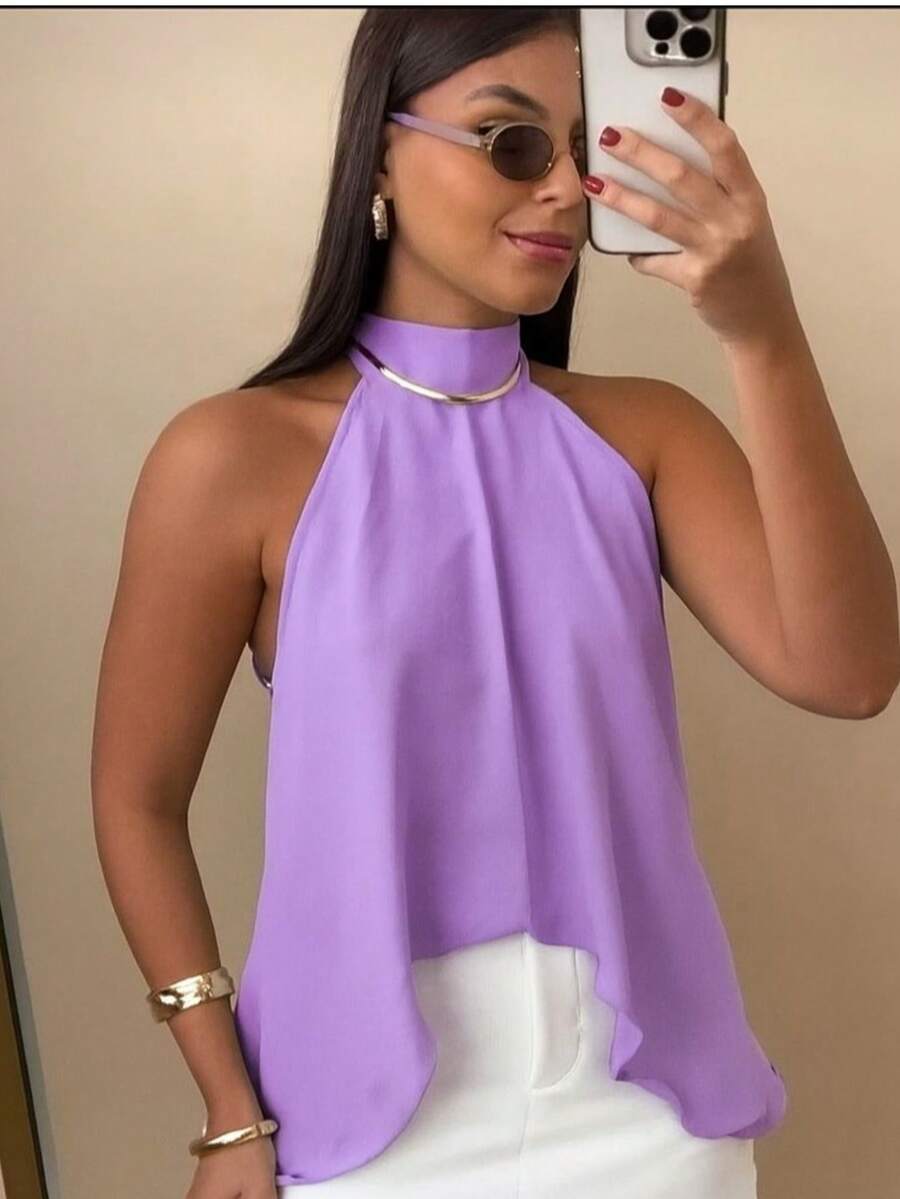 Women's Blouse With High Neck And Asymmetrical Neck Tie - 紫丁香色 - 查看 1