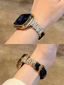 1pc Women's Black Asymmetrical Metal & Leather Premium Watch Band Compatible With 38/40/41/44/45/49/42/46mm For Apple Watch S11/SE3/Ultra3/Ultra/SE/SE2/10/9/8/7/6/5/4/3/2/1 - Black With Gold Hardware [Irregular Design] - View 4