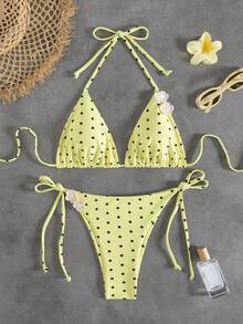优雅黄色波点吊带比基尼套装，带抽绳细节，女士泳装。 - 彩色 - 查看 3