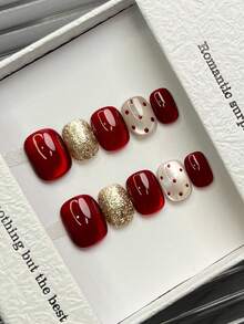 10片手工圆形亚克力按压式美甲，短款，柔和红色，闪亮猫眼，金色闪粉红色波点，奢华简约优雅手工秋季按压式美甲，现代风格，圣诞美甲，多功能美甲DIY假指甲，适合派对、日常、约会、海滩、热带度假等场合，可重复使用，送给女性和女孩的礼物，美甲用品 - 紅色 - 查看 3