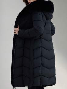 Women's Long Threaded Winter Coat With Faux Fur Hat - Warm Winter Outdoor Wear With Self-Locking Fit - Black - View 4