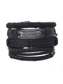 4件套手工编织PU皮革合金羽毛男士手链，时尚配饰 - 彩色 - 查看 5