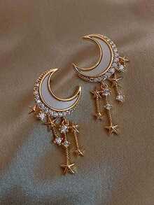 Rhinestone Moon & Star Decor Drop Earrings - Vàng vàng - Xem 7