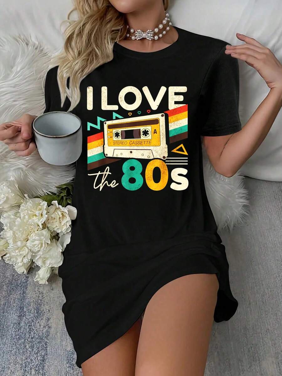Vintage 80s Women Men I Love The 80's Cassette Party Retro T-Shirt Dress Women's Dress, Casual Summer Dress - 黑色 - 查看 1