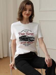 Maglietta estiva da donna, nuova, semplice, con stampa slogan, stile casual vacanziero, vestibilità morbida, girocollo, maniche corte, bianca, adatta per uso quotidiano e vacanze - Bianco - Visualizzare 2
