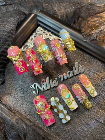 10pcs Long Square Nails,Pink&Rose Red&Blue&Gold French Tie Dye Nail Art, White French, 3 DThree Dimensional Heart&Chain Beads&Steel Balls&Gemstone Nail Decoration Accessories,Hand-Painted Water Droplets&Geometric Patterns,Y2k Style Nail Art Set,Suitable For Women To Wear Daily Parties Valentine's Day (Includes: A Piece Of Jelly Glue And A Friction Strip)