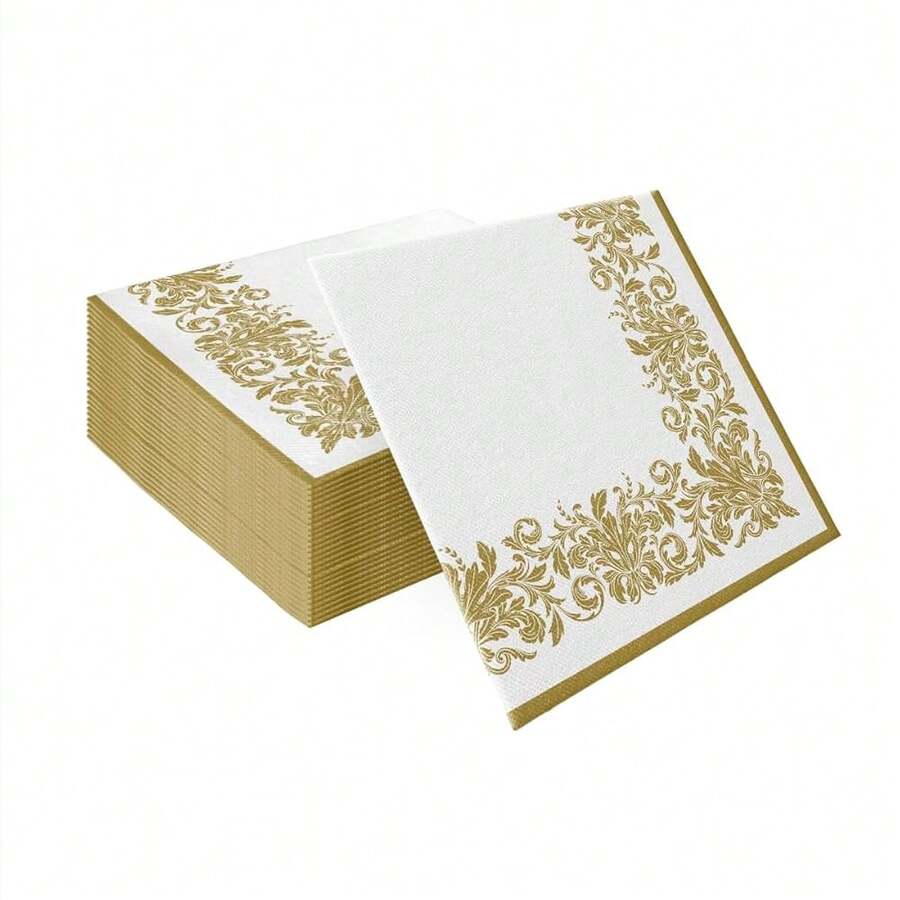 PAW - 50 Pieces Airlaid Paper Linen-Feel Napkins 16inch X 16inch, Disposable Cloth-Like Napkins With Rose Design, Dinner Napkins For Kitchen, Party, Wedding, Barbecue, Picnic,DinnerNapkins,GoldenOrnament - 金飾 - 查看 1