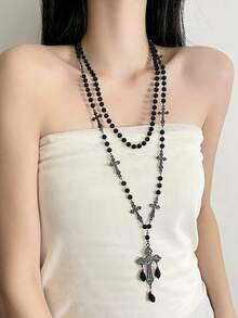 rundraw 1pc Gothic Style Ascension Day Cross Beaded Tassel Necklace, Black Resin Metal Material Personalized, Suitable For Women Party & Everyday Wear - Black - View 3