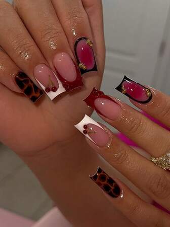 24pcs/Set Minimalist French Manicure Medium Length Nail Tips, Leopard Print, Cherry Blossom French 3D Pearl Decor, Y2K Sweet Style, Reusable Press-On Nails With Jelly Gel And 1pc Nail File, Suitable For Office Ladies, Valentine's Date, Afternoon Tea, Outdoor Activities