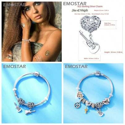 Corazn con notas musicales Dangle Guitar Charms fit Women Bracelet, Antique 925 Sterling Silver I Love Music Guitarra elctrica Colgante Beads, Regalos para amante/amigo/Navidad/hija