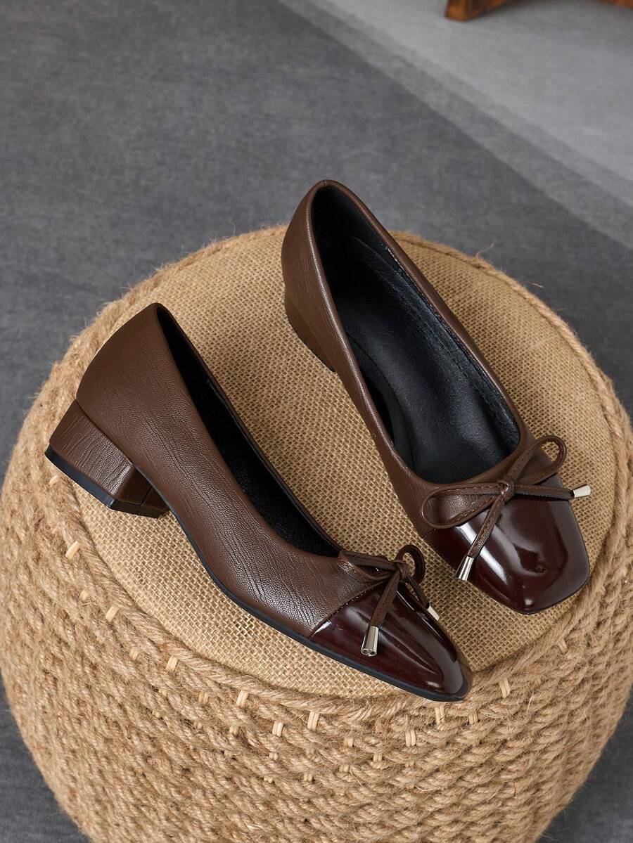MonaNise Women's Square Toe 3cm Heel Pumps, Suitable For Work, Commute, Dinner Party, Vintage Bow Accent, Navy Blue, Fashionable And Versatile Casual Slip-On Shoes - Cà phê nâu - Xem 1