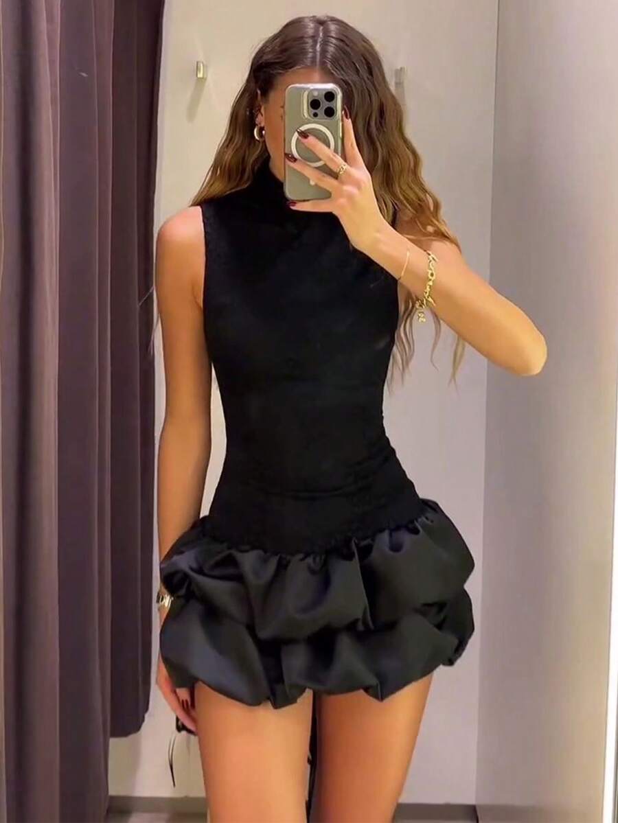 Elegant Lace Splicing Dress For Women Sleeveless High Neck Sexy Mini Dresses Female Chic Party Vintage Woman Evening Dress Black Summer - 黑色 - 查看 1