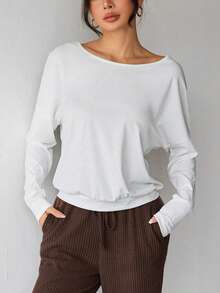 Blusa de manga larga con estampado de leopardo, espalda con nudo, manga de murciélago calada, corte holgado, adecuada para gimnasio, exterior, correr, uso casual diario, para todas las estaciones - Blanco - Ver 2