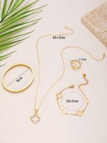 闪亮时尚三叶草不锈钢方晶锆石首饰套装，包括女士手链、手镯、项链和戒指