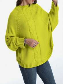 Plus Size Casual Solid Color Batwing Sleeve Pullover Sweater, Autumn/Winter - Matcha Green - View 1