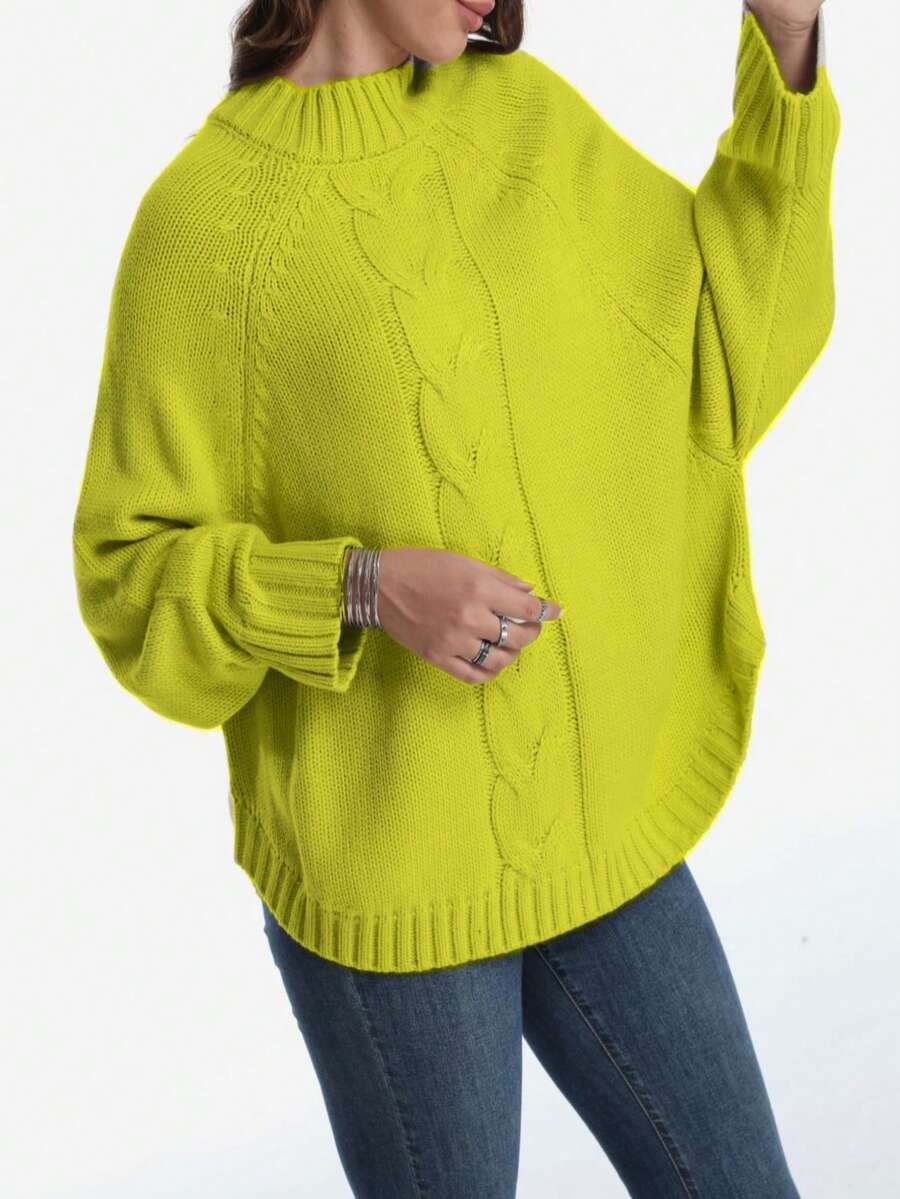 Plus Size Casual Solid Color Batwing Sleeve Pullover Sweater, Autumn/Winter - Matcha Green - View 1
