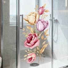 1/3pcs Elegant Blue-Beige Rose-Patterned Glass Door Sticker, Reusable PVC Waterproof Electrostatic Adhesive Sticker, Suitable For Bathroom Shower Room Glass Door Decoration, Living Room And Bedroom Windows, And Home Decoration Accessories. - Multicolor - View 2