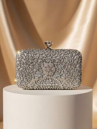 小号金色金属手柄镶钻晚宴手拿包，女士婚礼派对手提包，链条单肩包