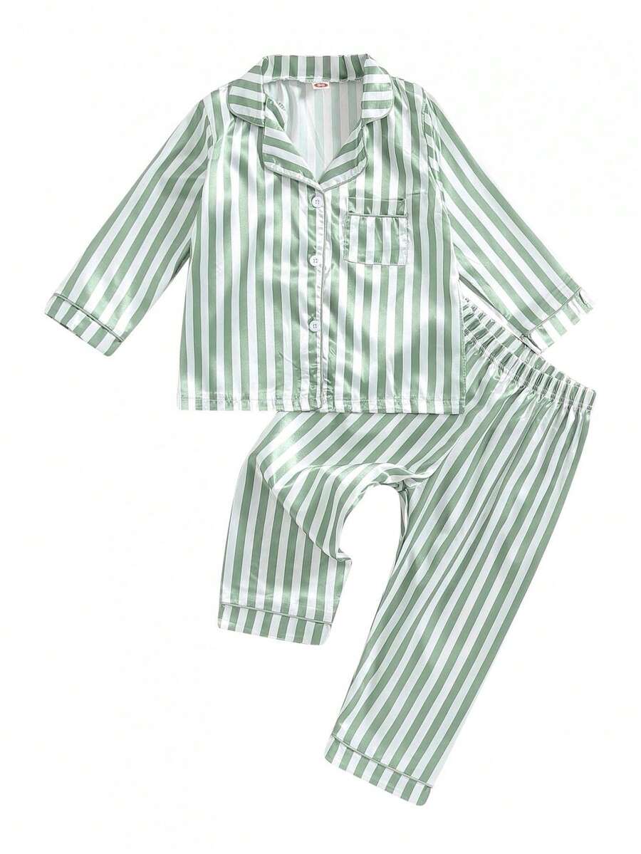 Kid Girls Boys Fall 2-Piece Pajamas Set - Stripe Long Sleeve Shirt + Long Pants Lounge Sleepwear, Cozy Kids Sleepwear for Bedtime, Nighttime Routine, Weekend Lounging, Family Movie Nights, Fall  Winter Sleep, Casual Indoor Wear  Lazy Mornings, Soft Breathable Fabric Suitable for Kids Aged 2-10 Years, Must-Have Fall Sleepwear Essential for Boys  Girls, Classic Stripe Pattern Adds Timeless Charm, Long Sleeve Shirt Keeps Warm in Cool Nights, Elastic Waist Long Pants for Easy Dressing  Comfortable Sleep, Versatile Lounge Suit Ideal for Naptime, Sleepovers with Friends, Holiday Vacations  Indoor Relaxation, Lightweight Skin-Friendly Material Gentle on Delicate Kids Skin, Durable Fabric Resists Wear  Tear for Daily Use, All-Match Style Perfect for Casual Indoor Occasions, Suitable for Fall, Winter  Cool Spring Weather, - Verde - Ver 1