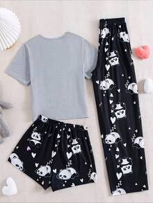 3件套灰色卡通印花短袖睡衣上衣，女士家居服 - 灰色 - 查看 3