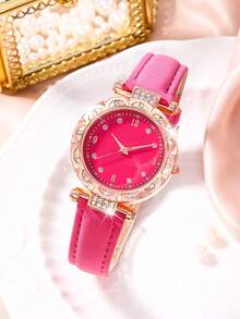 母亲节女士手表套装，时尚精致圆形表盘石英表，搭配心形吊坠项链、耳环和戒指，适合日常佩戴、生日礼物、返校礼物、感恩节礼物、浪漫场合礼物，完美之选（不含礼盒） - 粉色 - 查看 2