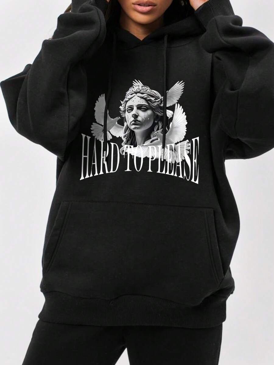 Conjunto de Sudadera Casual de Moda para Mujeres, Sudadera con Capucha Impresa de , Versátil y Cómoda para Todas las Estaciones - Negro - Ver 1
