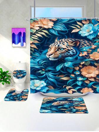 1/4 piezas Conjunto de baño con estampado de leopardo de la selva azul, adecuado para todas las estaciones y festivales, con un estilo bohemio de lujo, incluye cortina de ducha, alfombra de inodoro, alfombra de piso, etc. Con una base de selva azul profunda + combinación de estampado de leopardo azul y flores naranjas cálidas, que irradia un sentido de elegancia salvaje. Apto para la decoración del baño, puede mejorar rápidamente la singularidad del espacio, adecuado para uso diario o como regalo.