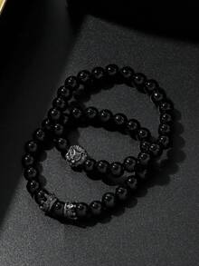 3pcs/Set Fashionable Multi-Purpose Men's Steel Band Quartz Watch With Lion Crown Bead Bracelet Set, Suitable For Business, Party And Daily Wear, Best Gift For Men - Black - View 6