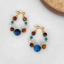 Silver Needle Pearl Tiger Eye Stone Crystal Beaded Water Drop Pendant Earrings Vintage Earrings Studs Niche Design Sense Ear Jewelry - #2 Kim Bạc - Vàng - Xanh - Xem 5