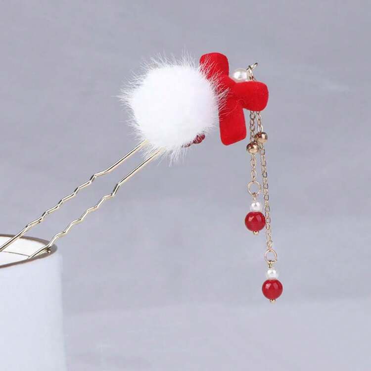 1pc Autumn/Winter Fuzzy Ball & Flower Hairpin, Retro Style Hair Accessory With Red Plush Bow, Fluffy Ball Headpiece For Hanfu, Valentine's Day Gift, Bun Extension, Pins For Hair, Hair Styling Pins - Multicolor 1 - View 5