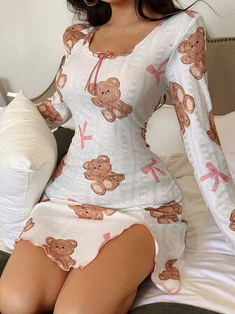 Camisón de manga larga con estampado de lazo y oso en tejido de jacquard de punto para mujer, ropa cómoda de otoño/invierno, pijama de oso de peluche para mujer, vestido de dormir casual, ropa de dormir linda, ropa cómoda de primavera/otoño/invierno para mujer