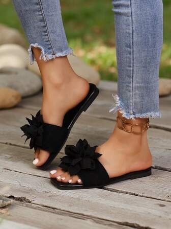 Women's Versatile Fashion Sandals, Comfortable Slip-On Flat Slippers With Bow Decor Square Toe, Breathable Upper Fabric, TPR Sole, Casual Summer Beach Shoes