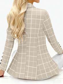 Women's Front Button Plaid Simple Casual Blazer Jacket With Lapel Collar, Long Sleeve - Beige - View 2