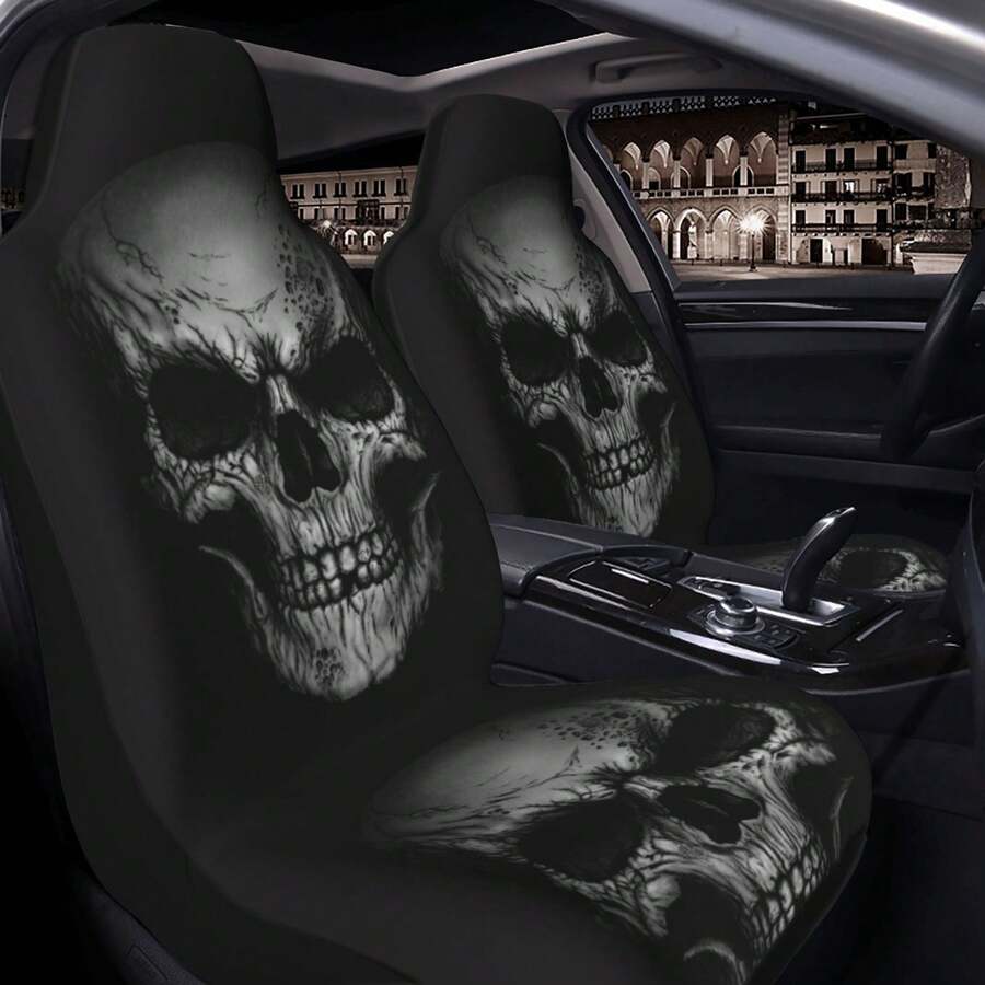 1pc Black Background Grey Skull Full Coverage Car Seat Cover Set, Suitable For All Seasons, Fabric Material, Fits Multiple Car Models, Comprehensive Protection (Personalized Skull Design, Suitable For All Seasons) - one-size - View 1