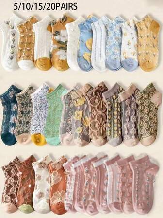 5/10/15 pares de calcetines tipo barco con estampado floral lindo y adorable para mujeres