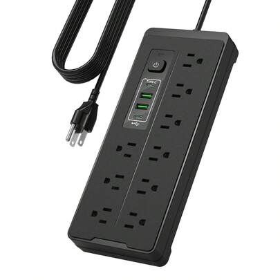 USB Multicontacto, Regleta de 1,2 m, 9salidas, 2 puertos de carga USB, (5 V / 2 A), 2 puerto Type-C, Conector múltiple, Enchufe de pared con toma de corriente, Regleta para el hogar, oficina, dormitorio, Negro