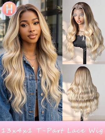 Peluca con parte T de encaje de 13X4X1 con cabello de bebé en color ombre dorado, sin flequillo, de onda media, de 26 pulgadas, cabello rizado y ondulado, de aspecto natural, resistente al calor, fibra sintética, para mujeres, regalos, decoraciones navideñas, fiestas, apta para todo tipo de personas