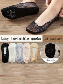 5雙女士防滑蕾絲低口隱形襪,附海綿墊,適用於春夏季節 - 彩色 - 查看 8