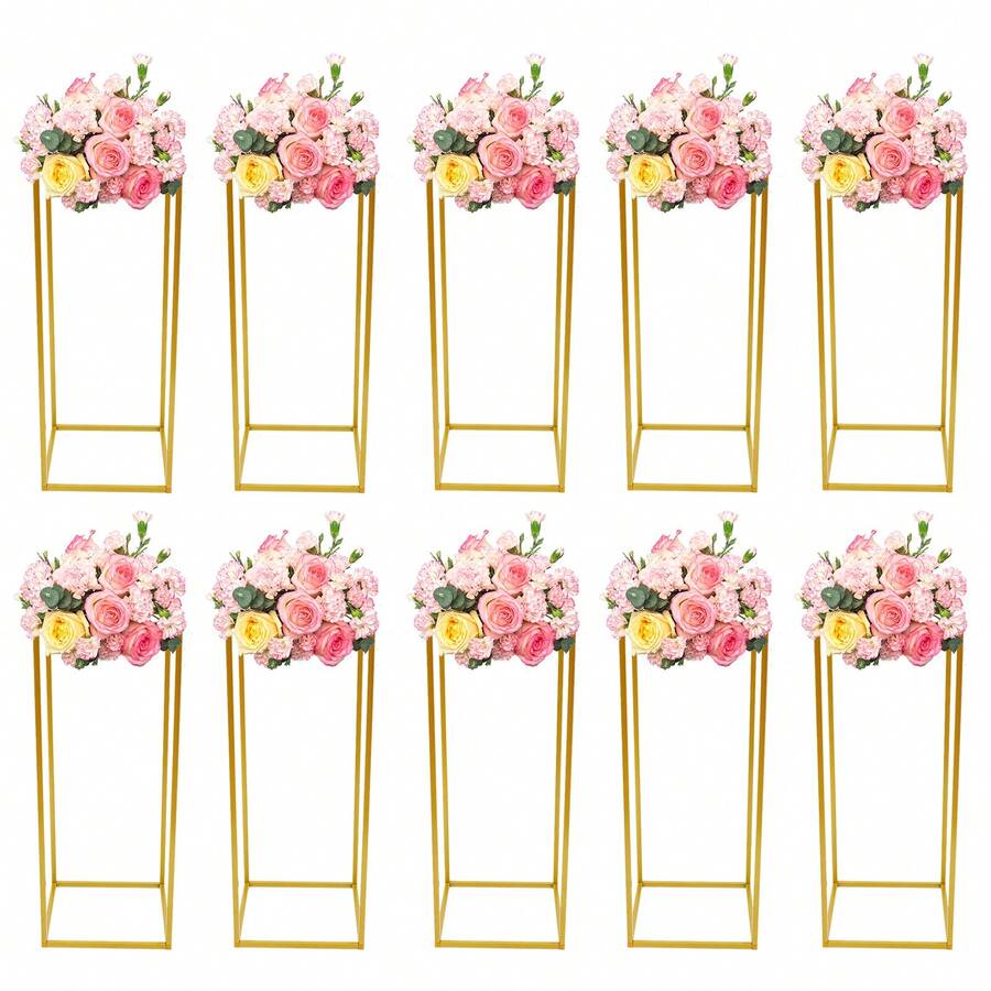 10-Piece Gold Modern Flower Stands For Weddings & Parties - DIY Decoration W/Stable Rectangular Base, Easy Assembly & Storage, High-Quality Iron Frame (60cm, 11lbs Capacity)