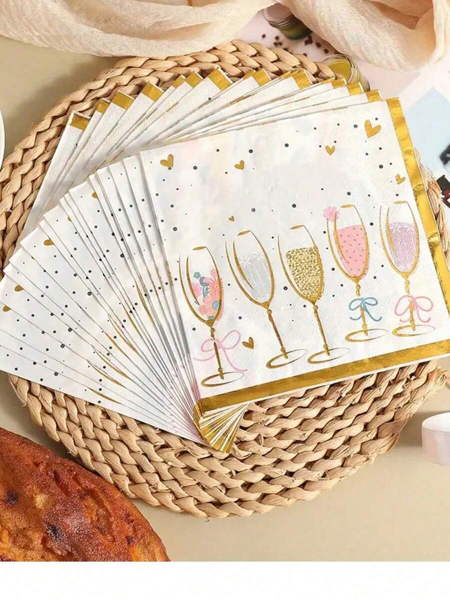 20pcs Gold Foil Heart Wine Glass Decorative Napkins, Ideal Gift For Family, Friends And Relatives On Valentine's Day Party, Holidays, Birthdays, Anniversaries And Other Celebrations. Also Suitable For Crafts, Scrapbooking, Birthday Parties And Weddings.