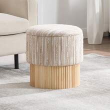 Chairus Round Ottoman Stool In Linen & Wood Footstool With Lid, Storage Pouffe For Living Room/Bedroom - Beige - View 7