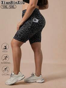 XianBinXiu 1pc Women's Plus Size Leopard Print High Waist Pocket Yoga Leggings, High Elasticity Butt Lifting Curvy Fit Activewear, Suitable For Gym, Running, Casual/Sports Wear - Multicolor - View 3