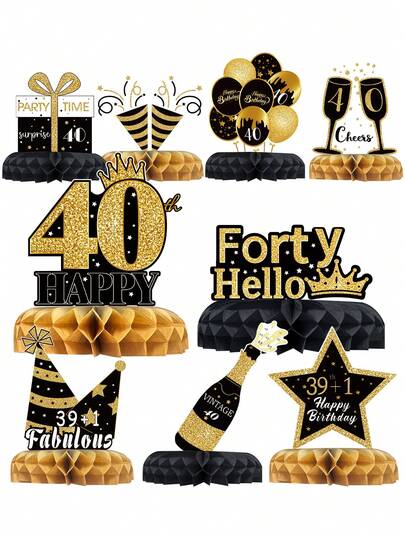 9件套黑金40岁生日蜂窝装饰，40岁生日派对装饰，黑金生日派对背景装饰，生日派对桌面摆件，生日派对用品，家居装饰，房间装饰，40岁生日派对装饰，四十岁生日派对用品，生日礼物，派对小礼品