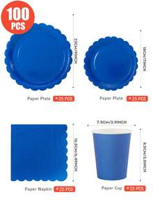 100/75/25/10 piezas Platos desechables con forma de pétalo azul real, servilletas, vasos, suministros para fiestas, adecuados para 25 invitados, platos de papel desechables vajilla para fiestas de cumpleaños, bodas, fiestas, picnics familiares - azul real - Ver 2